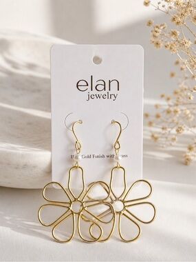 Elan Gold Floral Wire Drop Earrings with Pearl Accent